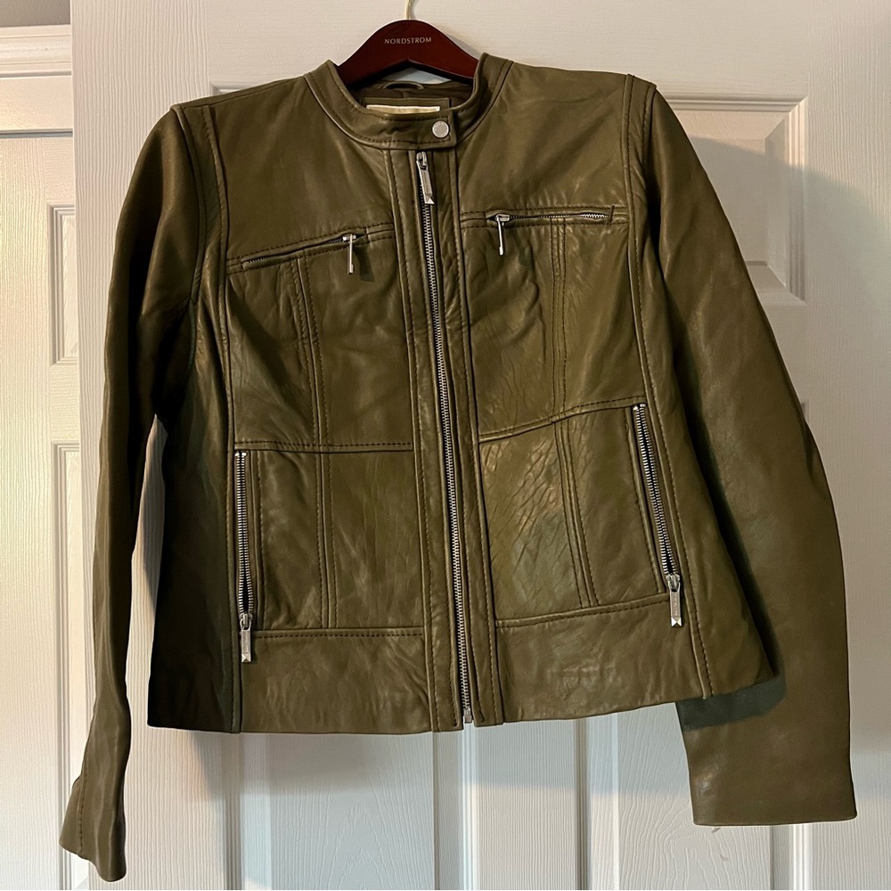 Michael Kors olive green leather jacket